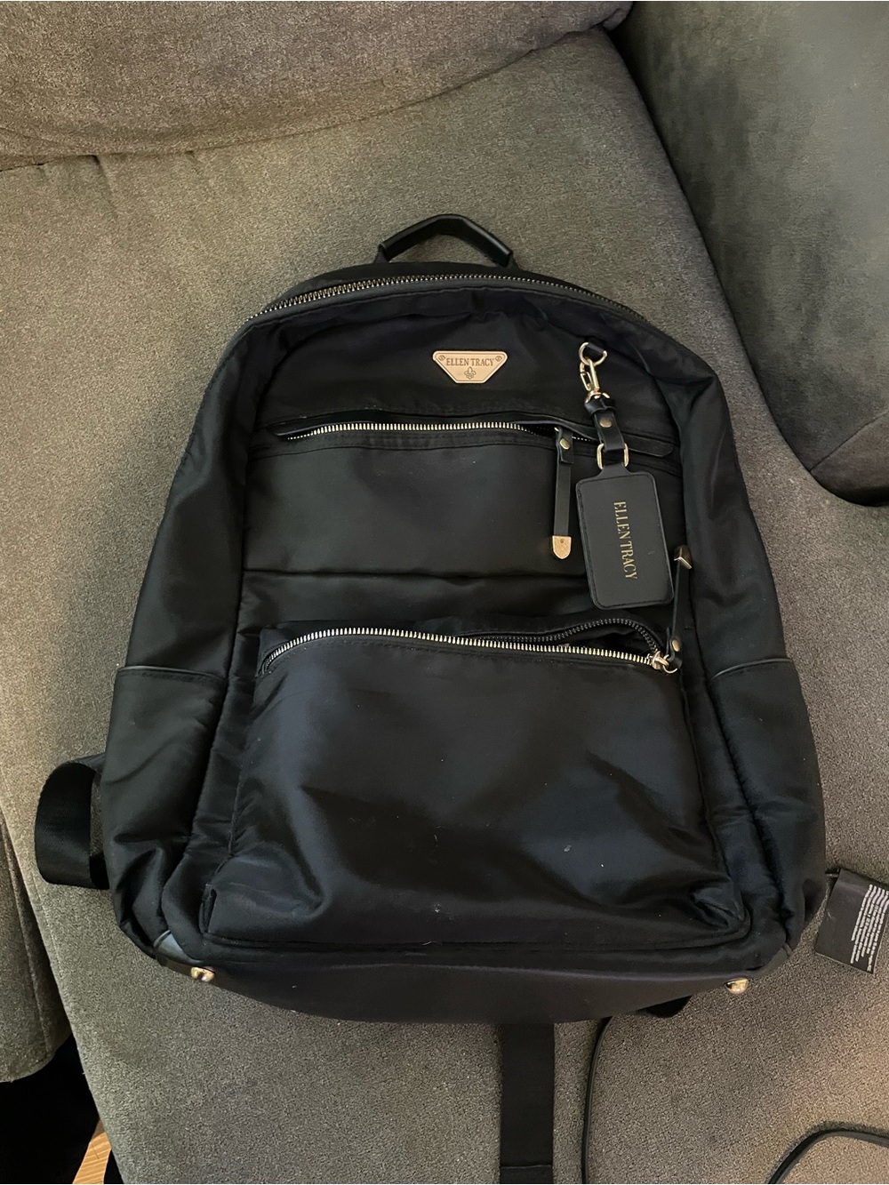 Ellen Tracy Black Nylon Backpack with Gold Accents